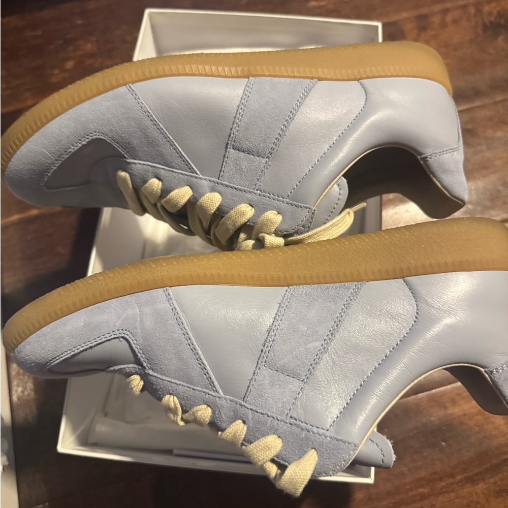 Light Blue Leather Sneakers with Gum Sole